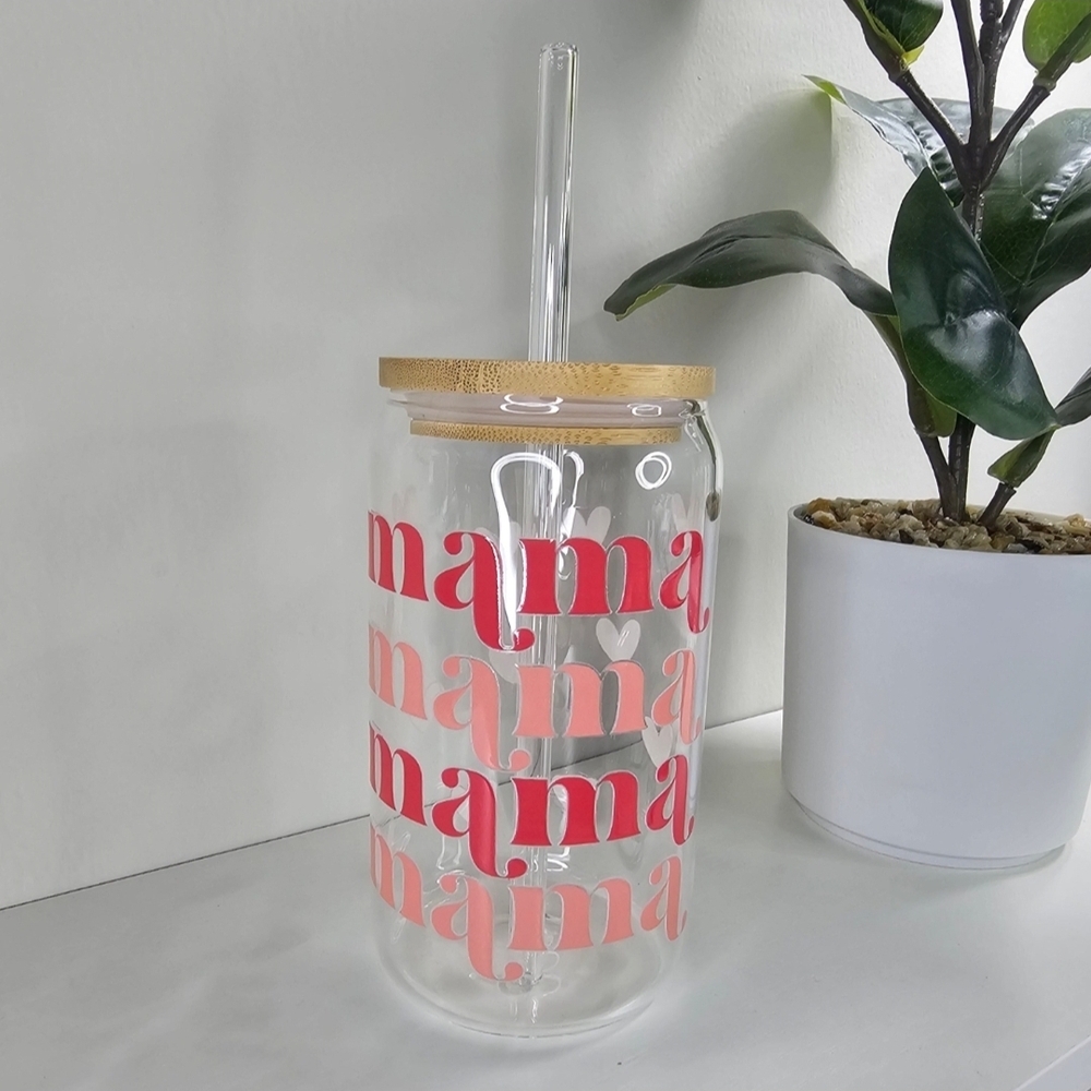 Mama Glass Tumbler with Straw - Pink and Red